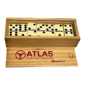 Atlas Auto Accessories Dominoes Tile Game Set Wood Box Cream Tiles Travel Size